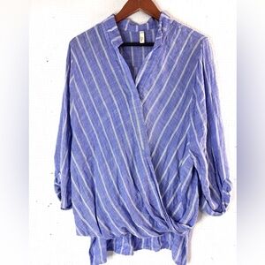 Elan M Casual Blue Striped Loose Fit Cross Over Front Blouse Top